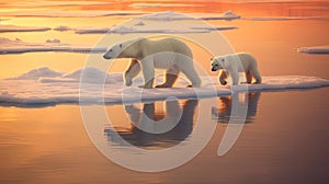 Polar bear sow and cub walk on ice floe in arctic ocean. generative ai