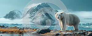 Polar bear standing in arctic landscape