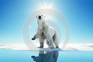 Polar bear standing on ice floe due to polar ice cap melting