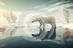 Polar bear standing on an ice floe with soft colors and cool tones. Generative AI