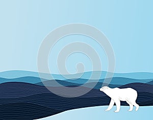 Polar bear standing on ice near ocean. Abstract wavy blue background with wild arctic animal. Geometric sea illustration in