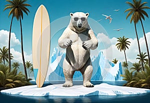 a polar bear standing on a piece of ice with a surfboard in the background