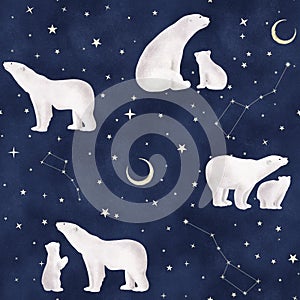 Polar bear and stars seamless watercolor pattern Great Bear Little Bear constellation Cute animal repeated background Childish