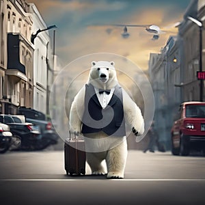 a polar bear with a suit case walking down the street