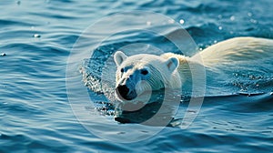 Polar bear swimming in the blue artic ocean on a clear sunny day