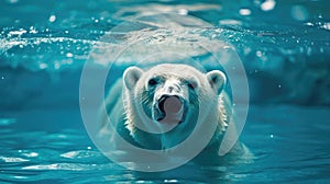 Polar bear swimming in the blue artic ocean on a clear sunny day