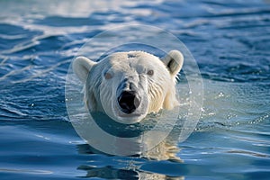 Polar bear swimming in the blue artic ocean on a clear sunny day