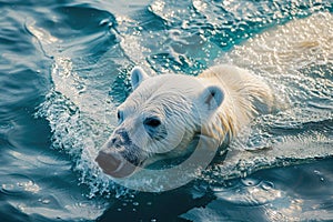 Polar bear swimming in the blue artic ocean on a clear sunny day