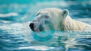 Polar bear swimming in the blue artic ocean on a clear sunny day