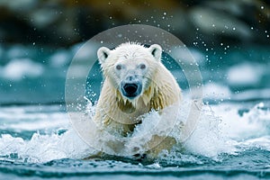 Polar bear is swimming in body of water with its head above the surface. Generative AI