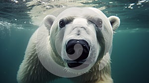 a polar bear is swimming under blue water towards the viewer