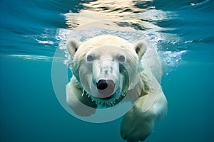 Polar bear swimming underwater in arctic ocean with copious negative space, wildlife photography