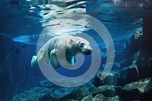 polar bear swimming underwater in clear blue ice