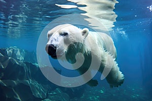 polar bear swimming underwater in clear blue ice