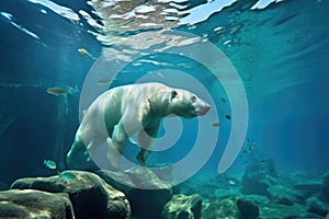 polar bear swimming underwater with icebergs in background