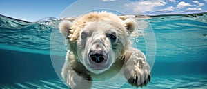 A polar bear swimming underwater in the ocean, Ai Generated