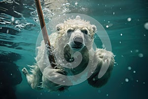 Polar bear swimming underwater in the pool with a stick. Toned, Pole bear swimming underwater in a play environment, AI Generated