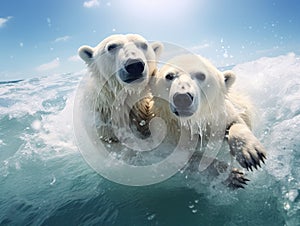 Polar bear swimming in water. Two bears playing on drifting ice with snow. White animals in the nature habitat Alaska Canada