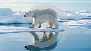 Polar bear on a thin ice in search of food. The challenges posed by climate change, global warming and receding polar ice. Arctic