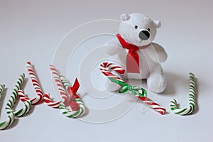 Polar bear toy with a red scarf on the wight backround whith candy canes