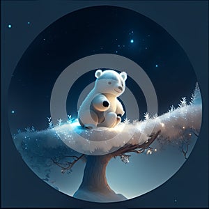 Polar bear on a tree in the moonlight. Vector illustration. generative AI