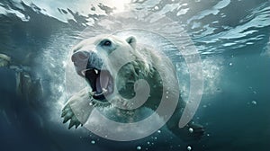 Polar bear underwater attack. Polar bear attacking underwater full paw blow details. AI Generative