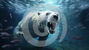 Polar bear underwater attack. Polar bear attacking underwater full paw blow details. AI Generative