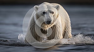 Polar bear (Ursus maritimus) with a fish. Global Warming Concept. Background with copy space.