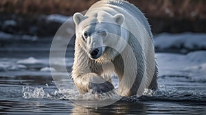 Polar bear (Ursus maritimus) with a fish. Global Warming Concept. Background with copy space.