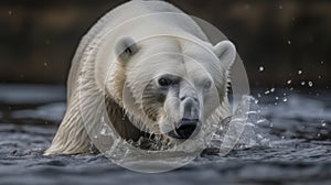 Polar bear (Ursus maritimus) with a fish. Global Warming Concept. Background with copy space.