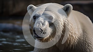 Polar bear (Ursus maritimus) with a fish. Global Warming Concept. Background with copy space.