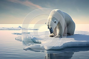 Polar bear Ursus maritimus on the pack ice, north of Svalbard Arctic Norway, polar bear stranded on a shrinking ice cap, AI