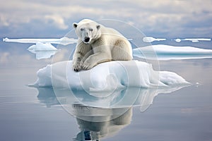 Polar bear Ursus maritimus on the pack ice, north of Svalbard Arctic Norway, polar bear stranded on a shrinking ice cap, AI