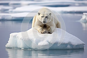 Polar bear Ursus maritimus on the pack ice, north of Svalbard Arctic Norway, polar bear stranded on a shrinking ice cap, AI