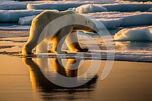 a polar bear walking on a beach next to water