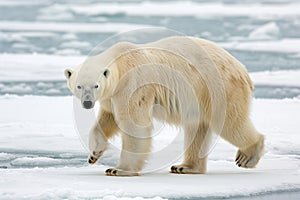 A polar bear walks across a snowy landscape