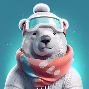 Polar bear wearing snowboard goggles and scarf, on a winter, blue background, cartoon illustration