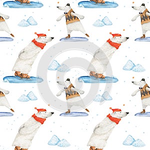 Polar bear winter fun, skating. Seamless pattern