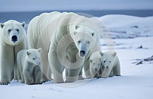 Polar bear with yearling cubs walking on the ridge of a glacier