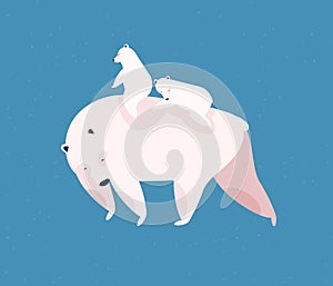 Polar bears family flat vector illustration. Motherhood, love and fondness, tenderness and affection concept. Cute photo