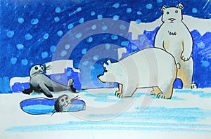 Polar bears and seals on ice painting