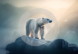 polar bears are walking on the melting Arctic sea ice and river. Warming temperatures gradually melt glaciers with Global climate