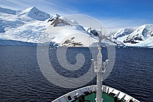 Polar expedition ship arriving in Antarctica