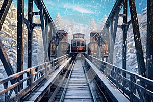 polar express train crossing a snow-covered iron bridge