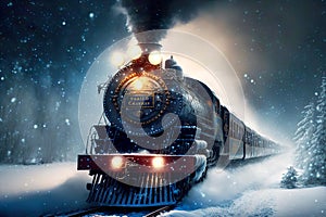 Polar Express Train lights up path with flashlight and rides on snow-covered rails