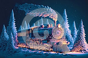 Polar Express Train races past snow-covered triangular fir trees