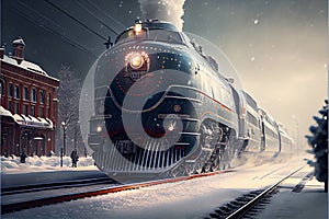 polar express train rides through the snowy city along residential buildings