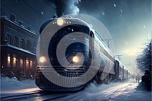 polar express train rides through the snowy city along residential buildings