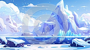 The polar landscape with ice mountains, glaciers, and falling snow of Antarctica. Modern illustration of the sea or