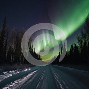 Polar lights, aurora borealis above forest and snow-covered road